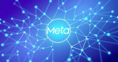 Futurystyczne połączenia neuronowe w logo Meta. Niebiesko-zielona sieć symbolizuje innowacje Meta AI.