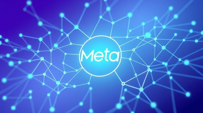 Futurystyczne połączenia neuronowe w logo Meta. Niebiesko-zielona sieć symbolizuje innowacje Meta AI.