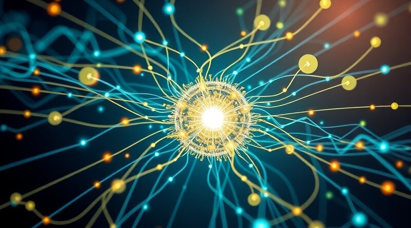 Abstrakcyjna wizualizacja kompresji danych OpenZL: centralny dekoder, ścieżki algorytmów, niebiesko-złota paleta, futurystyczny design.