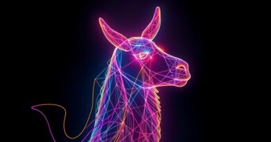 Abstrakcyjna głowa Lamy z kodu w żywych kolorach, symbol AI Meta Llama.