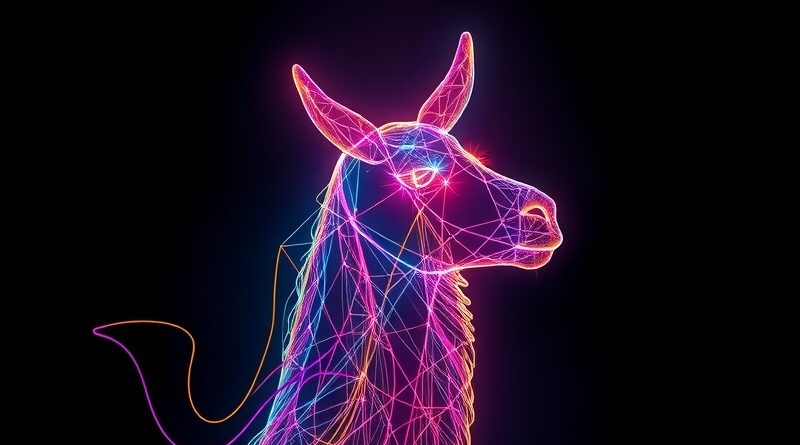 Abstrakcyjna głowa Lamy z kodu w żywych kolorach, symbol AI Meta Llama.