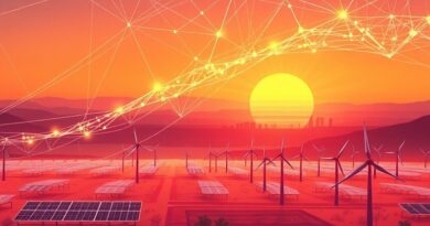 Sieć neuronowa oplatająca teksański krajobraz z farmami solarnymi, w tle El Paso. Inwestycja Meta w AI.