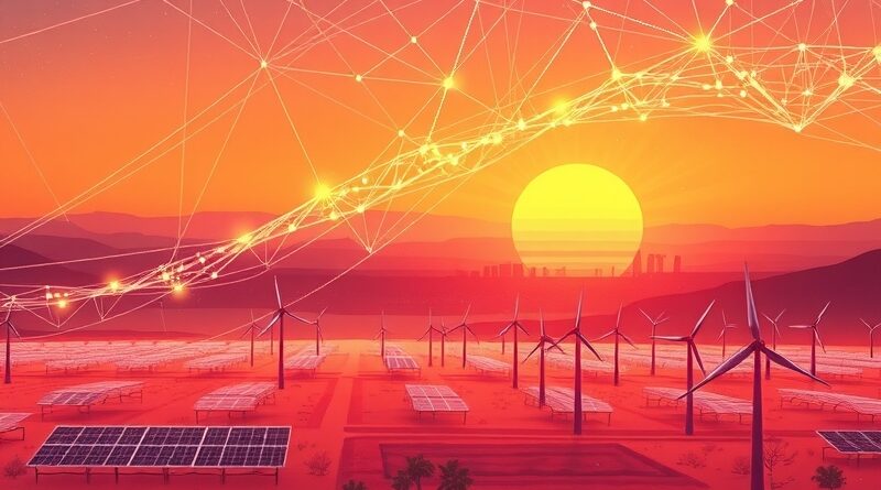 Sieć neuronowa oplatająca teksański krajobraz z farmami solarnymi, w tle El Paso. Inwestycja Meta w AI.