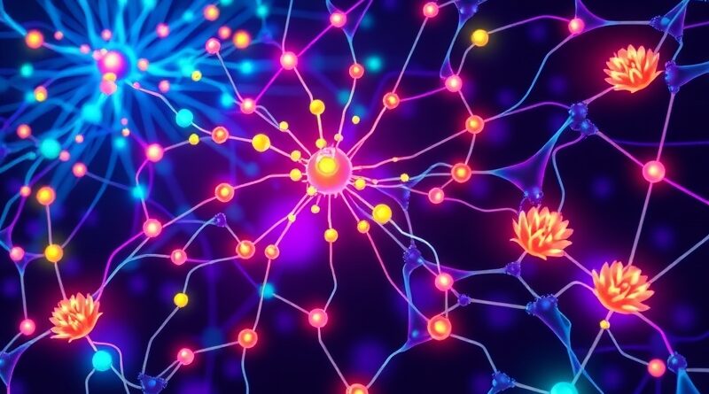 Pulsacyjna sieć neuronowa, reprezentująca produktywność, rozkwita cyfrowymi kwiatami innowacji. Symbolizuje AI w Meta.