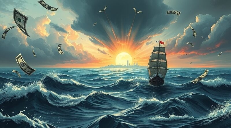 Burzliwy ocean, szklany żaglowiec Meta płynie ku futurystycznemu miastu AI, fragmenty dolarów w tle.