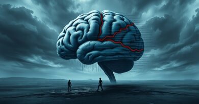 Rozfragmentowany mózg spleciony z kodem, rozpadający się na tle burzowego krajobrazu. Metafora utraty potencjału AI.