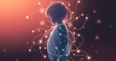 Abstrakcyjna sylwetka dziecka chroniona przez cyfrowe nici i półprzezroczystą postać AI symbolizującą kontrolę rodzicielską.