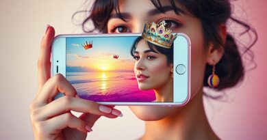 Dziewczyna ze smartfonem prezentuje AI-edytowane zdjęcie na Instagram Stories: korony, tęczowe włosy, zachód słońca.