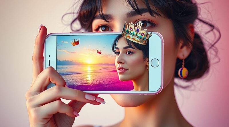 Dziewczyna ze smartfonem prezentuje AI-edytowane zdjęcie na Instagram Stories: korony, tęczowe włosy, zachód słońca.