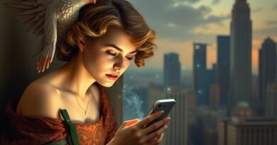 Cherubin szepcze do ucha kobiety z telefonem, dane płyną w tle. Meta i AI.