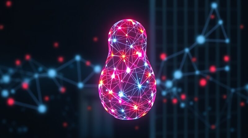 Abstrakcyjna, wielobarwna sieć węzłów w kształcie matrioszki, symbolizująca przepływ danych w multimodalnym wyszukiwaniu MetaEmbed.