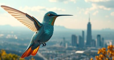 Świecący, futurystyczny koliber z kabli światłowodowych na tle pejzażu z futurystycznymi drapaczami chmur w oddali.