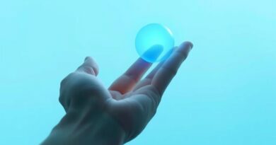 Dłoń delikatnie dotyka niebieskiej kuli Copilot na tle uspokajającego, rozmytego gradientu. Odpowiedzialna technologia.