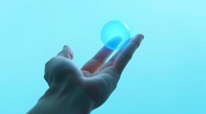 Dłoń delikatnie dotyka niebieskiej kuli Copilot na tle uspokajającego, rozmytego gradientu. Odpowiedzialna technologia.