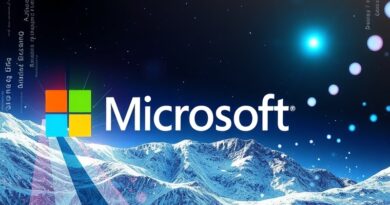 Abstrakcyjna wizja AI generującej obrazy, wypływająca z logo Microsoft, symbolizująca innowację i fotorealizm.