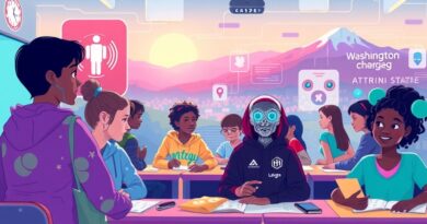 Futurystyczna klasa z AI w Waszyngtonie, uczniowie i holograficzne projekcje. Optymizm, edukacja przyszłości.