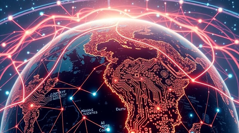 Świecąca sieć centrów danych AI opleciona wokół Ziemi, symbolizująca potęgę Microsoftu.