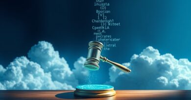 Pęknięty hologram młotka sędziowskiego nad splątanymi strumieniami kodu Microsoftu i OpenAI, symbolizujący spór o monopol.