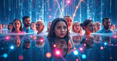 Różnorodne osoby odbite w inteligentnym, świetlistym interfejsie AI, połączone jarzącymi się nitkami.