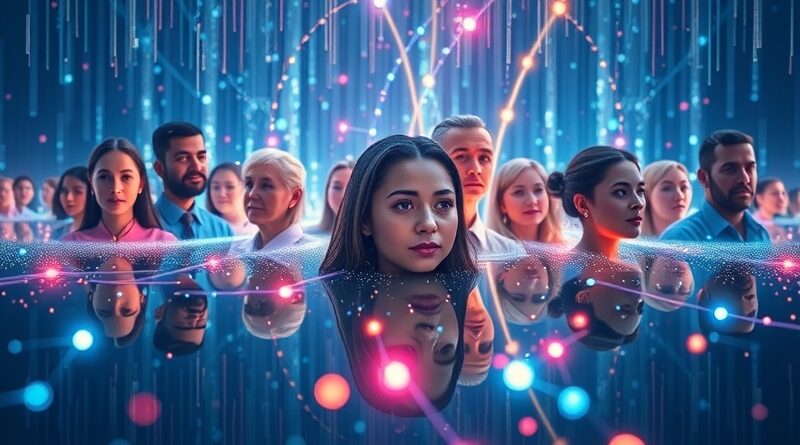 Różnorodne osoby odbite w inteligentnym, świetlistym interfejsie AI, połączone jarzącymi się nitkami.