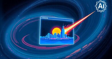 Lśniąca przeglądarka Edge w galaktyce, z AI-generowanym miastem przyszłości i logiem Microsoft vs. OpenAI.