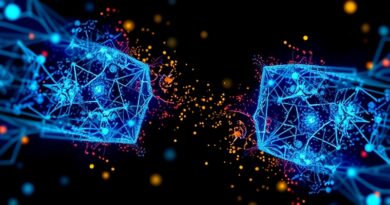 Abstrakcyjne połączenie AI: świecące sieci neuronowe, strumienie danych, efektywna komunikacja C2C w odcieniach błękitu i złota.