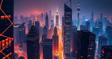 Futurystyczne miasto z serwerowniami w drapaczach chmur, symbolizuje integrację AI i infrastruktury.