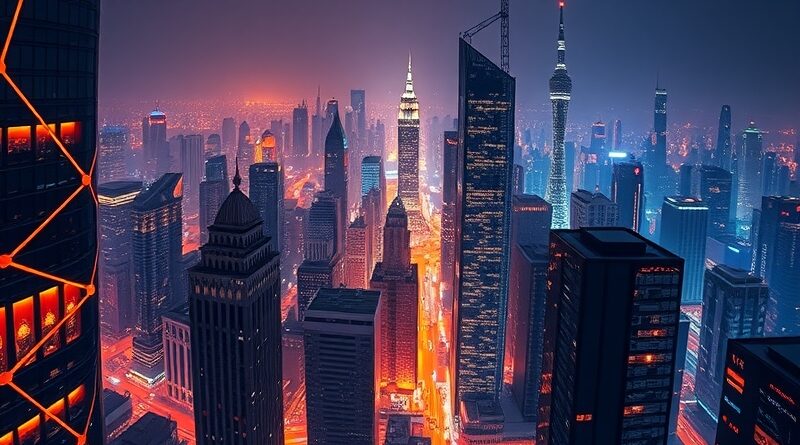 Futurystyczne miasto z serwerowniami w drapaczach chmur, symbolizuje integrację AI i infrastruktury.