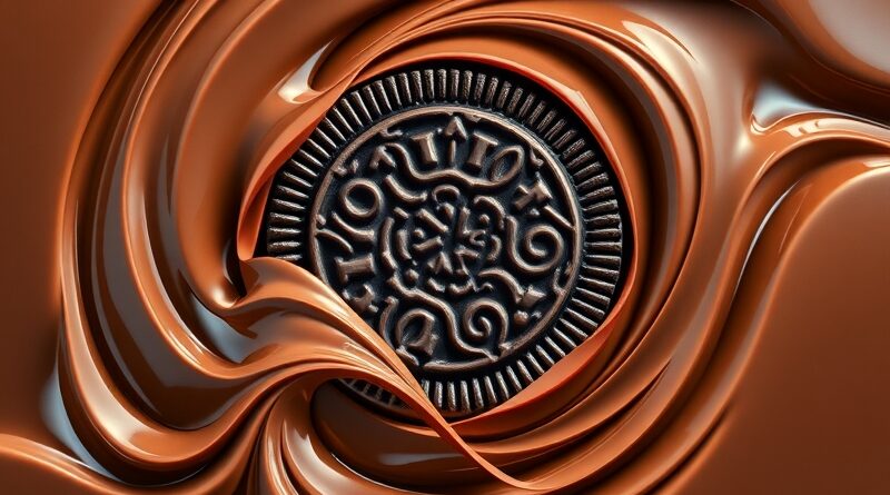 Abstrakcyjne Oreo: Czekolada i kod binarny splatają się, symbolizując AI w marketingu Mondelez.