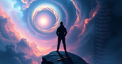 Twórca treści na krawędzi, obserwujący nebulę kodu AI, symbolizującą wyzwania i przyszłość.