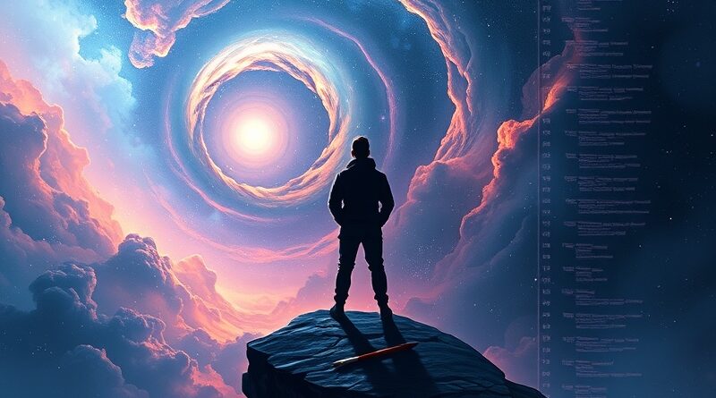 Twórca treści na krawędzi, obserwujący nebulę kodu AI, symbolizującą wyzwania i przyszłość.