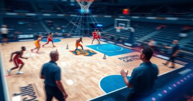 Dynamiczne ujęcie meczu NBA z analizą AI: algorytmy, ruch graczy, futurystyczne kolory.