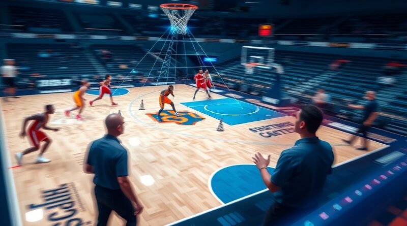 Dynamiczne ujęcie meczu NBA z analizą AI: algorytmy, ruch graczy, futurystyczne kolory.