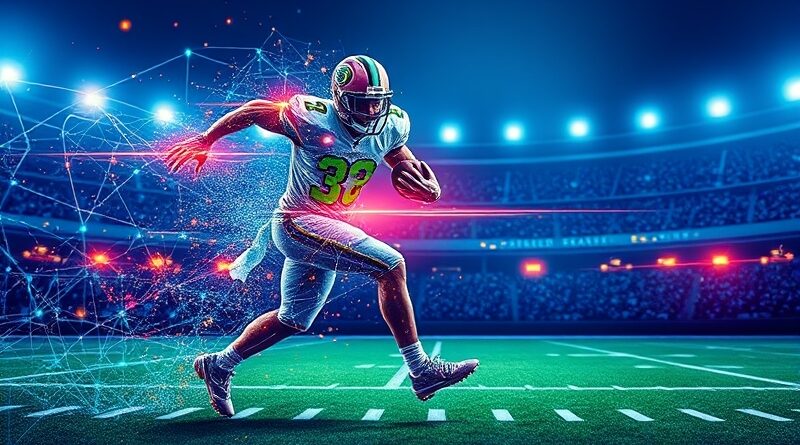 Futurystyczny futbolista w mozaice danych, AI analizuje ruch, chroniąc przed kontuzjami.
