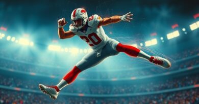 Futurystyczny futbolista w locie, otoczony cyfrową siecią, symbolizujący użycie AI w NFL do prewencji kontuzji.
