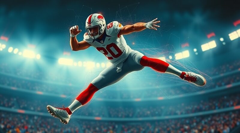 Futurystyczny futbolista w locie, otoczony cyfrową siecią, symbolizujący użycie AI w NFL do prewencji kontuzji.