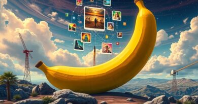 Surrealistyczna wizja: pikselowa banana jako wyrzutnia cyfrowych pędzli w AI-powered edycji obrazów.