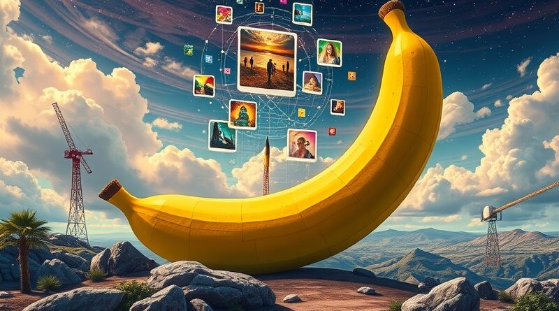 Surrealistyczna wizja: pikselowa banana jako wyrzutnia cyfrowych pędzli w AI-powered edycji obrazów.