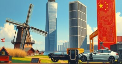 Stylowa olejny: holenderski wiatrak kontra chiński drapacz chmur, napięcia w globalnych łańcuchach dostaw.