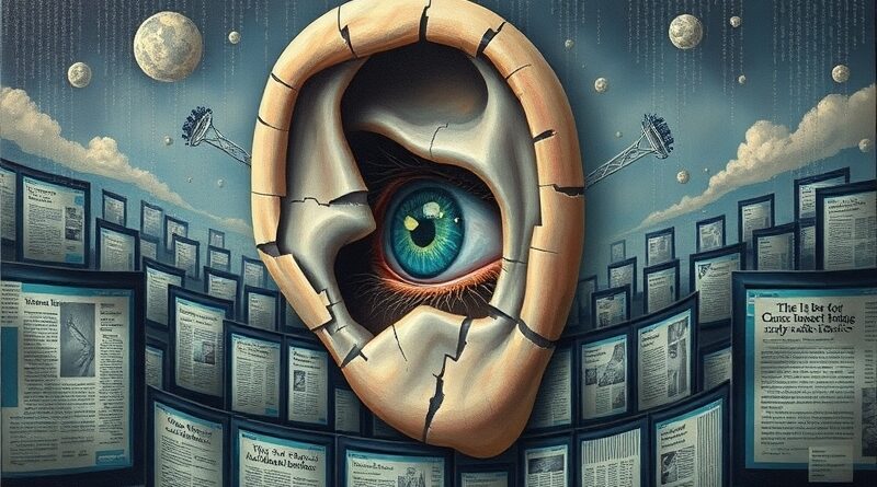 Olbrzymie, pęknięte ucho nasłuchuje cyfrowego wiru. Niepokój, dezinformacja, AI i błędy w informacjach.