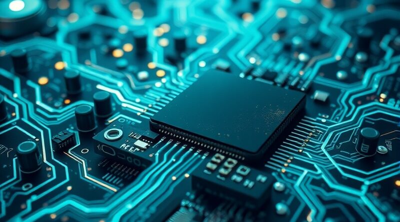 Futurystyczna płyta główna z bioluminescencyjnymi ścieżkami w sterylnym laboratorium, symbolizująca rozwój technologiczny i sztuczną inteligencję Unconventional, Inc.