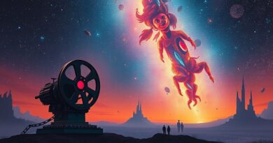 Surrealistyczny projektor filmowy rzuca scenę z ikonami kina i AI na rozgwieżdżone niebo.