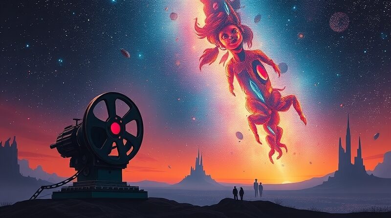 Surrealistyczny projektor filmowy rzuca scenę z ikonami kina i AI na rozgwieżdżone niebo.