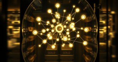 Świecąca sieć AI w skarbcu ze złotem, symbol bezpiecznej inwestycji i neutralnej adopcji sztucznej inteligencji.