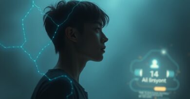 Samotna postać, smutek, cyfrowe nici i rozmyty chatbot. Relacja człowiek-AI w chłodnych barwach.