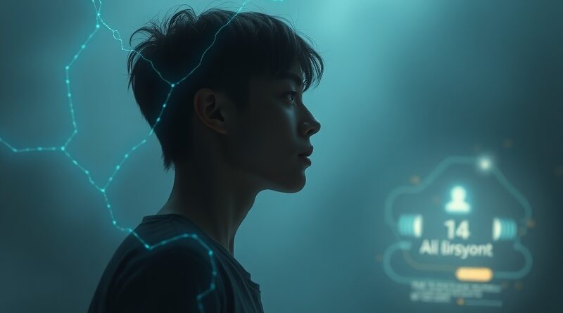 Samotna postać, smutek, cyfrowe nici i rozmyty chatbot. Relacja człowiek-AI w chłodnych barwach.