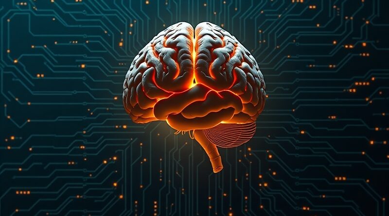 Kruchy mózg człowieka otoczony mroczną matrycą AI, symbolizującą zagrożenie ze strony superinteligencji.