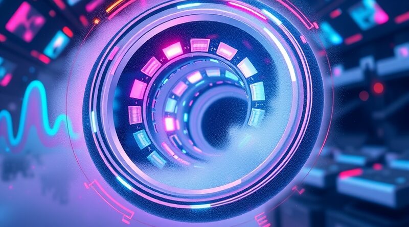 Wirujący wir fal dźwiękowych transformowany przez minimalistyczny interfejs AI, przypominający kokpit Formuły 1. Symbolizuje moc AI Hance.