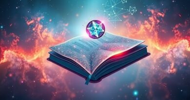 Eteryczny notatnik NotebookLM w kosmicznej nebul, strony ujawniają konstelacje danych, logo "Magic View".