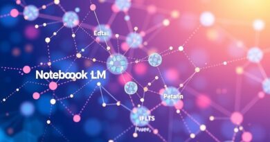 Abstrakcyjna wizualizacja NotebookLM: dane płynące do tabel i prezentacji w cyfrowej przestrzeni badawczej.